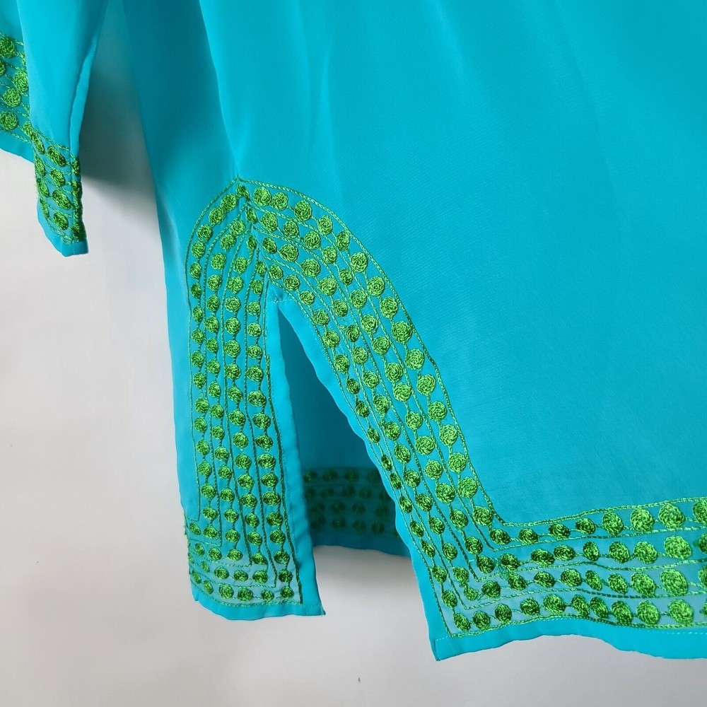 Gretchen Scott V Neck Embroidered Chiffon Tunic Top Sz S Blue Green 3/4 Slv FLAW - Picture 6 of 10